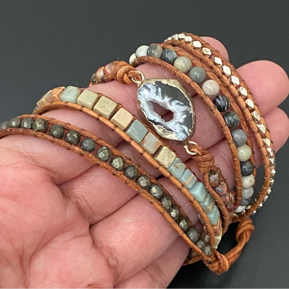 Handmade Natural Stones Druzy Crystal Leather Boho Multilayered Wrap Bracelet - Picture 8 of 13